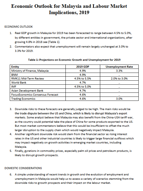 Article: Economic Outlook for Malaysia and Labour Market Implications, 2019