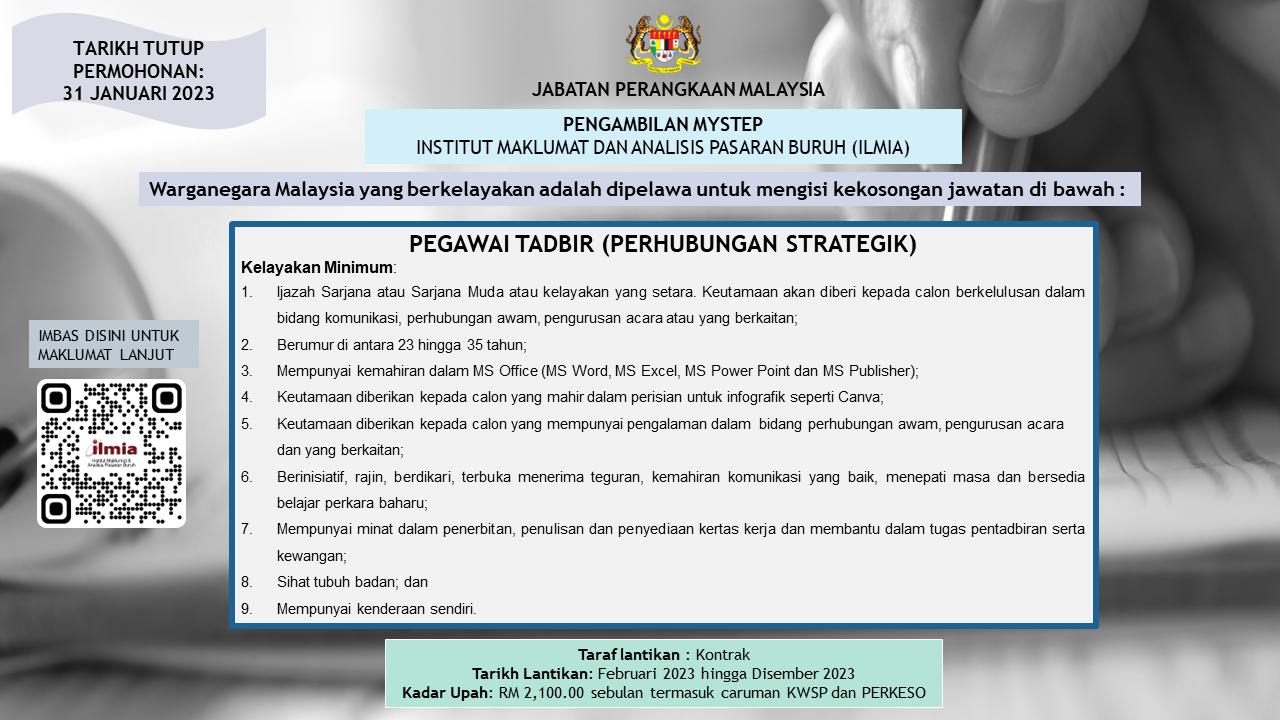 Iklan Pengambilan MySTEP Pegawai Tadbir (Perhubungan Strategik) di bawah Banci Pertanian 2024
