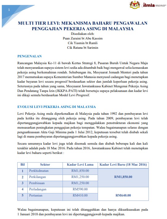 Article: Multi Tier Levi: Mekanisma Baharu Pengawalan Penggajian Pekerja Asing Di Malaysia