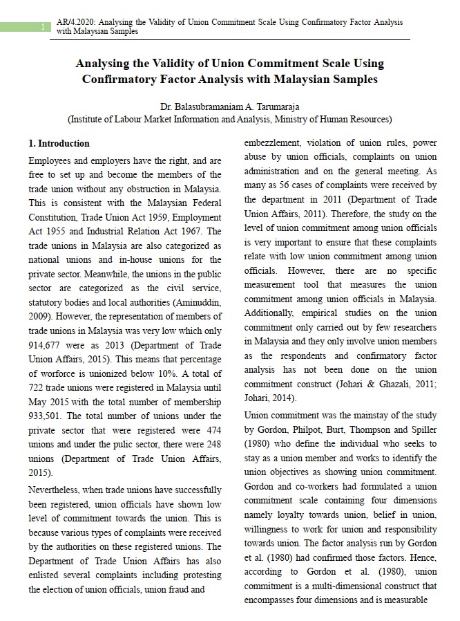 Article: Analysing the Validity of Union Commitment Scale Using Confirmatory Factor Analysis with Malaysian Samples