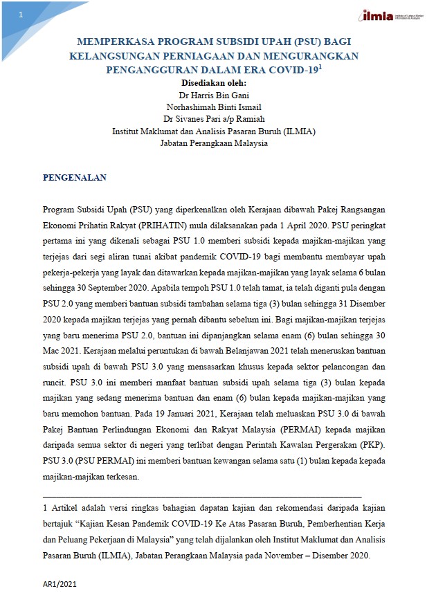 Article: Memperkasa Program Subsidi Upah (PSU) Bagi Kelangsungan Perniagaan Dan Mengurangkan Pengangguran Dalam Era Covid-19